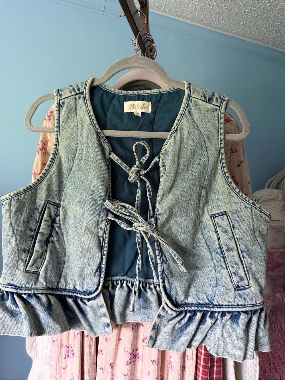 Listicle Acid Wash Denim Vest in Light Blue tie front ruffle boutique Festival